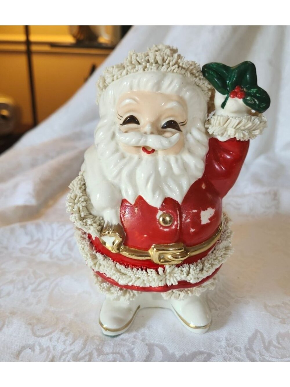 Vintage 1950s Spaghetti Santa Claus Ceramic Bank With Cold Paint & Original Cork
